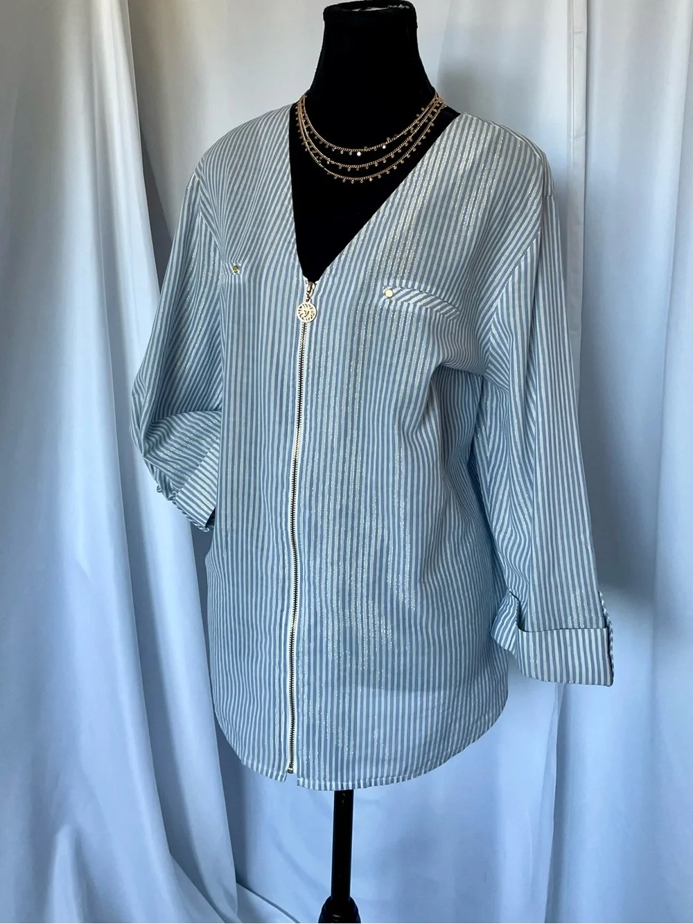 Anne Klein Swimsuit Cover Up Full Zip Blue White Gold Pinstripe Coastal Size XL